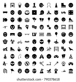 Fun icons. set of 100 editable filled fun icons such as seal, bike, whirligig, baloon, piano toy, toy tower, kite, dice, jackpot, sparklers, vegas, crazy emot, laughing emot