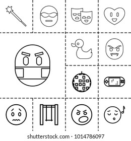 Fun icons. set of 13 editable outline fun icons such as sad emot, emoji listening music, angry emot, disco ball, swing, portable game console, duck, sparklers, mask