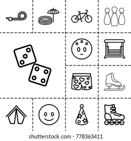 Fun icons. set of 13 editable outline fun icons such as smiling emot, sweating emot, dice, tent, roller skate, swing, underwear with heart, party pipe, party hat