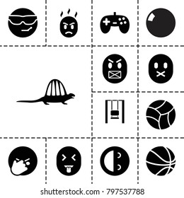 Fun icons. set of 13 editable filled fun icons such as cool emot in sunglasses, laughing emot, joystick, beach ball, dinosaur, bowling ball, swing