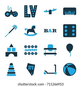 Fun icons set. set of 16 fun bi-color icons such as pyramid, horse toy, kick scooter, beach ball, baloon, joystick, piano toy, toy tower, baby walker, swing, dice, bar