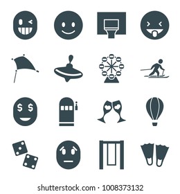 Fun icons. set of 16 editable filled fun icons such as whirligig, smiling emot, showing tongue emot, dice, flippers, swing, clink glasses, skiing, basketball basket