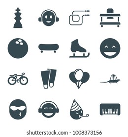 Fun icons. set of 16 editable filled fun icons such as piano toy, laughing emot, emoji, party emot, skate, balloon, bicycle, chess king, dinosaur, baby walker, jump rope