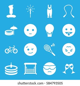 fun icons set. Set of 16 fun filled icons such as wink emot, sad emot, angry emoji, swing, gardener jumpsuit, clink glasses, sparkler, cake, inflatable pool and umbrella