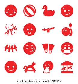 Fun icons set. set of 16 fun filled icons such as duck, swing, smiling emot, blush, wink emot, emoji in mask, confetti, bowling, flippers, carousel, beach ball, toy horse