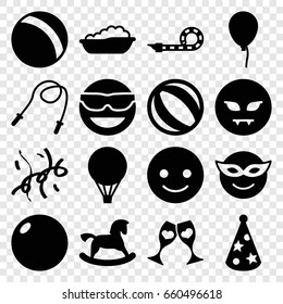 Fun icons set. set of 16 fun filled icons such as ball, horse toy, baby bath, baloon, smiling, emoji in mask, in sunglasses, devil. clink glasses, party pipe