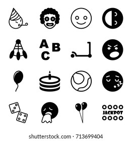 Fun icons set. set of 16 fun filled and outline icons such as kick scooter, jackpot, balloon, laughing emot, vomiting emot, cake, clown, abc, shuttlecock, volleyball