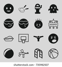 Fun icons set. set of 16 fun filled and outline icons such as jump rope, smiling emot, cool emot in sunglasses, angry emot, ghost, playground ladder, panties with heart