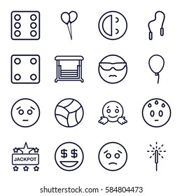 fun icons set. Set of 16 fun outline icons such as baloon, Dice, Jackpot, balloon, swing, sparkler, beach ball, skipping rope, sad emot, cool emot in sunglasses