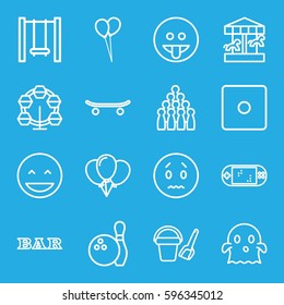 fun icons set. Set of 16 fun outline icons such as bucket toy for beach, Dice, Bar, balloon, swing, portable game console, skateboard, bowling, laughing emot, sad emot, ghost