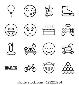 Fun icons set. set of 16 fun outline icons such as horse toy, baloon, Bar, cake, bicycle, skateboard, joystick, smiling emot, sad emot, toy horse, ice skating