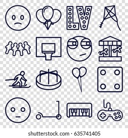 Fun icons set. set of 16 fun outline icons such as kick scooter, joystick, piano toy, child playground carousel, dice, balloon, vegas, kite, skiing, basketball basket