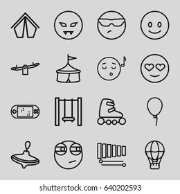 Fun icons set. set of 16 fun outline icons such as whirligig, baloon, swing, xylophone, portable game console, skate rollers, smiling emot, cool emot in sunglasses
