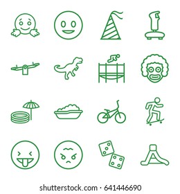 Fun icons set. set of 16 fun outline icons such as baby bath, swing, party hat, waterslide, trampoline, inflatable pool and umbrella, skateboard, dinosaur, bicycle