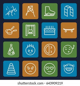 Fun icons set. set of 16 fun outline icons such as pyramid, jump rope, playground ladder, cake, party hat, confetti, kite, skateboard, ice skate, sad emot, emot in love
