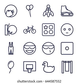 Fun icons set. set of 16 fun outline icons such as duck, from toy for beach, dice, balloon, gardener jumpsuit, bicycle, basketball basket, emot in sun glasses, sad emot, swing