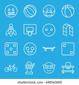 Fun icons set. set of 16 fun outline icons such as baby walker, dice, playground ladder, beach ball, bicycle, skateboard, basketball basket, crazy emot, emoji in mask