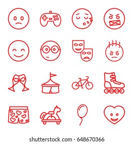 Fun icons set. set of 16 fun outline icons such as heart face, clink glasses, underwear with heart, balloon, bicycle, smiling emot, sad emot, nerd emoji, toy horse