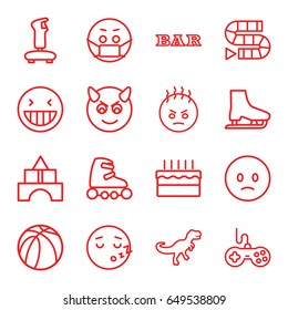 Fun icons set. set of 16 fun outline icons such as joystick, toy tower, bar, basketball, cake, dinosaur, skate rollers, ice skate, laughing emot, sad emot, emoji in mask