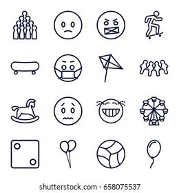 Fun icons set. set of 16 fun outline icons such as horse toy, kite, dice, balloon, beach ball, skateboard, sad emot, laughing emot, angry emot, emoji in mask, children