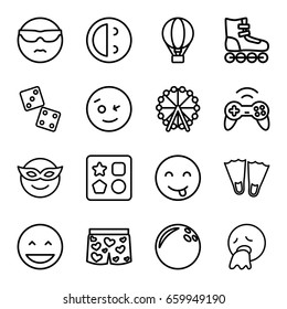 Fun icons set. set of 16 fun outline icons such as ferris wheel, from toy for beach, underwear with heart, air balloon, joystick, laughing emot, wink emot, emoji in mask