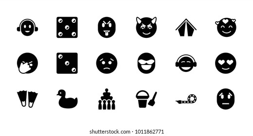 Fun icons. set of 18 editable filled fun icons: duck, bucket toy for beach, sad emot, emot in love, emoji, bowling, flippers, tent, party pipe