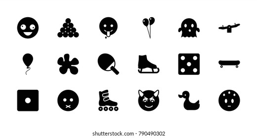 Fun icons. set of 18 editable filled fun icons: swing, dice, balloon, crazy emot, sad emot, ghost, emoji showing tongue, biliard triangle, paintball, ice skate