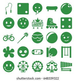Fun icons set. set of 25 fun filled icons such as ferris wheel, dice, jackpot, sparklers, smiling emot, crazy emot, emoji showing tongue, swing, bicycle, xylophone