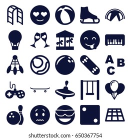 Fun icons set. set of 25 fun filled icons such as whirligig, joystick, piano toy, dice, emot in sun glasses, sad emot, playground ladder, clink glasses, swing, skateboard