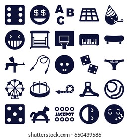 Fun icons set. set of 25 fun filled icons such as piano toy, child playground carousel, dice, jackpot, laughing emot, sad emot, dollar smiley, swing, panties with heart