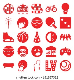 Fun icons set. set of 25 fun filled icons such as dice, jackpot, vegas, cool emot in sunglasses, laughing emot, basketball, bicycle, sparkler, party hat, skipping rope