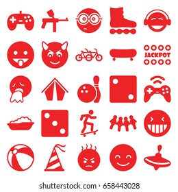 Fun icons set. set of 25 fun filled icons such as beach ball, whirligig, baby bath, dice, jackpot, laughing emot, smiling emot, nerd emoji, emoji, party hat, bowling