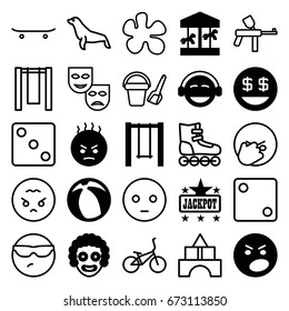 Fun icons set. set of 25 fun filled and outline icons such as jackpot, angry emot, emoji, dollar smiley, swing, skateboard, beach ball, seal, bucket toy for beach, toy tower