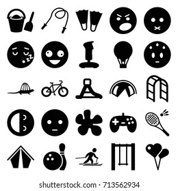 Fun icons set. set of 25 fun filled icons such as crazy emot, sad emot, swing, playground ladder, waterslide, skiing, bowling, air balloon, badminton, bicycle