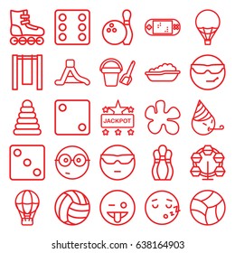Fun icons set. set of 25 fun outline icons such as pyramid, baby bath, bucket toy for beach, dice, jackpot, waterslide, beach ball, air balloon, portable game console, bowling