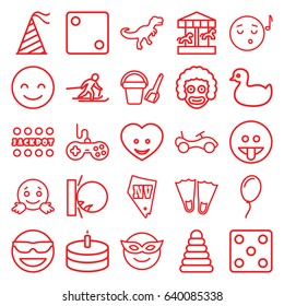 Fun icons set. set of 25 fun outline icons such as pyramid, duck, bike, joystick, bucket toy for beach, dice, jackpot, vegas, heart face, party hat, cake, balloon, dinosaur