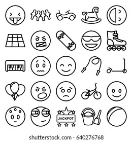 Fun icons set. set of 25 fun outline icons such as horse toy, bike, kick scooter, piano toy, jackpot, bucket and shovel, skate board, bicycle, smiling emot