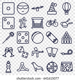 Fun icons set. set of 25 fun outline icons such as seal, swing, jump rope, dice, sparklers, bicycle, clink glasses, underwear with heart, party pipe, waterslide, air balloon