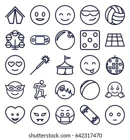 Fun icons set. set of 25 fun outline icons such as dice, sparklers, heart face, portable console, skateboard, skate board, volleyball, smiling emot, emoji in mask, sad emot