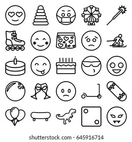 Fun icons set. set of 25 fun outline icons such as pyramid, kick scooter, dice, sparklers, clink glasses, underwear with heart, cake, dinosaur, skiing, skate board, crazy emot