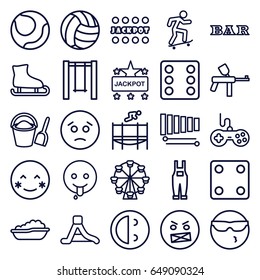 Fun icons set. set of 25 fun outline icons such as baby bath, joystick, dice, bar, jackpot, swing, gardener jumpsuit, xylophone, waterslide, trampoline, bucket and shovel