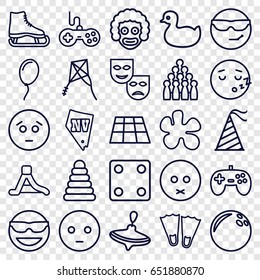 Fun icons set. set of 25 fun outline icons such as pyramid, duck, whirligig, joystick, dice, vegas, party hat, waterslide, balloon, kite, emot in sun glasses, sad emot