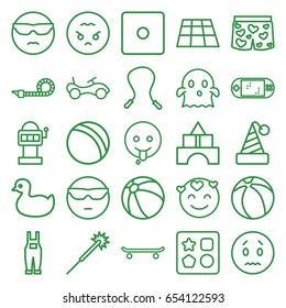 Fun icons set. set of 25 fun outline icons such as duck, ball, bike, beach ball, from toy for beach, toy tower, dice, sparklers, gardener jumpsuit, underwear with heart
