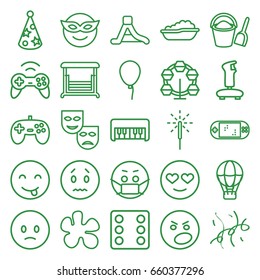 Fun icons set. set of 25 fun outline icons such as baby bath, baloon, piano toy, dice, swing, sparkler, party hat, waterslide, confetti, bucket and shovel, joystick