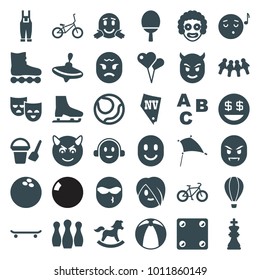 Fun icons. set of 36 editable filled fun icons such as whirligig, bucket toy for beach, vegas, abc, emoji listening music, devil emot, dollar smiley, clown