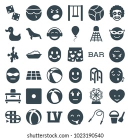 Fun icons. set of 36 editable filled fun icons such as seal, beach ball, baby bath, bucket toy for beach, dice, emoji in mask, cool emot in sunglasses, emot showing tongue