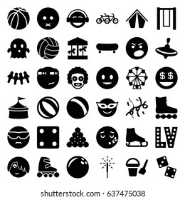 Fun icons set. set of 36 fun filled icons such as ball, whirligig, bucket toy for beach, dice, vegas, smiling emot, emoji in mask, sad emot, emoji, ghost, dollar smiley