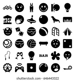 Fun icons set. set of 36 fun filled icons such as seal, ferris wheel, ball, whirligig, piano toy, dice, bar, sad emot, cool emot in sunglasses, emoji showing tongue