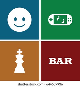 Fun icons set. set of 4 fun filled icons such as bar, smiling emot, chess king