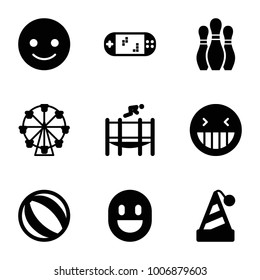 Fun icons. set of 9 editable filled fun icons such as smiling emot, laughing emot, party hat, beach ball, ferris wheel, trampoline, bowling